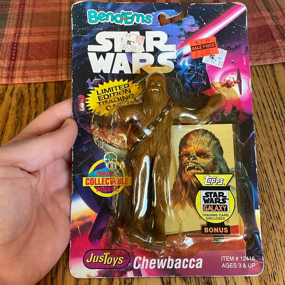 Vintage 1993 Star Wars Chewbacca w Limited Edition Trading Card, BendEms JusToys